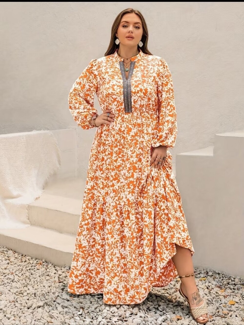 Plus-Size Orange Floral Maxi Dress with Embroidered Placket